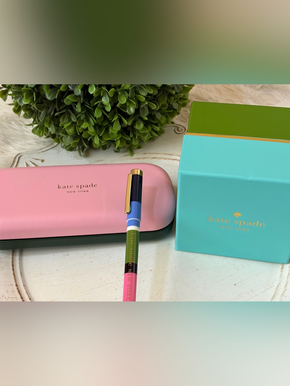 Kate Spade bundle - Multicolor pen Gold storage box and eye glass case